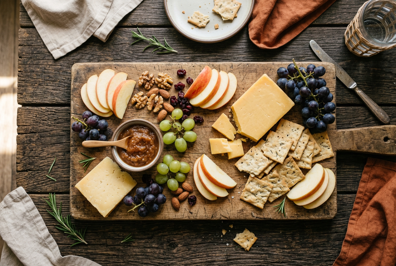 A top-down view of the completed, colorful fall board on a rustic wooden table, featuring an assortment of apples, crackers, cheese, and apple butter. Natural morning light creates soft, inviting shadows.