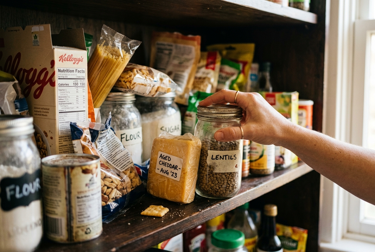 A close-up shot showing a person pulling various jars and half-used blocks of cheese from a messy, authentic kitchen pantry shelf. This illustrates the 'use what you have' philosophy.